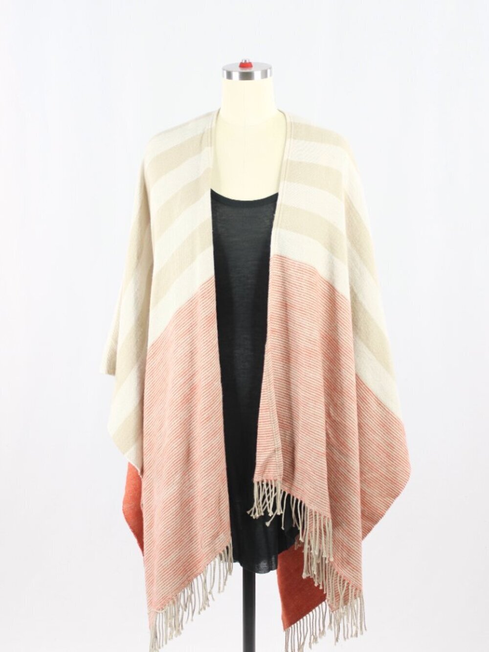 ECHO Beige Orange Colorblock Soft Knit Fringed Ruana Poncho Wrap Shawl Scarf